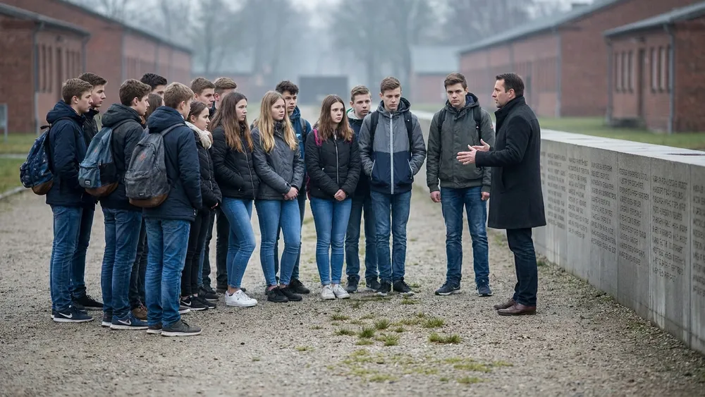 KZ-Gedenkstätte Neuengamme – Schulklasse hört einer Führung an einer Gedenkmauer zu