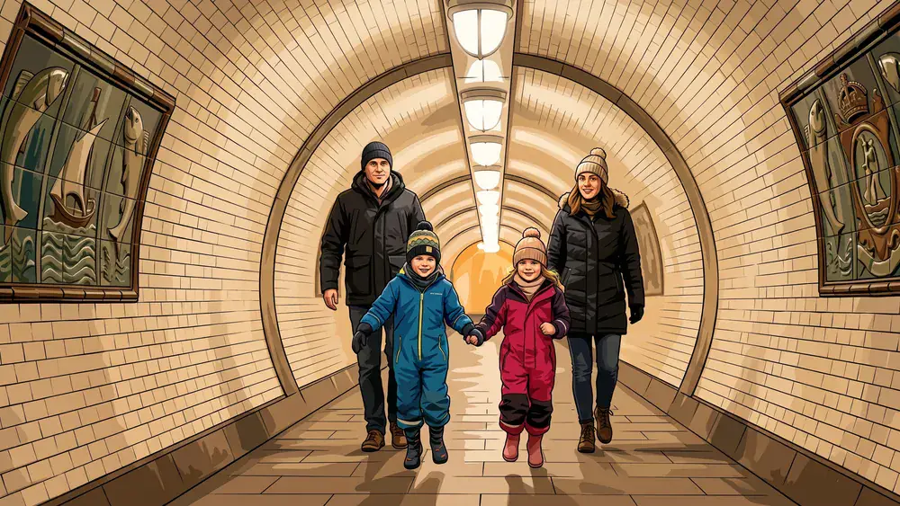Alter Elbtunnel in Hamburg – Familie läuft durch den gekachelten historischen Fußgängertunnel