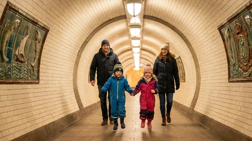 Alter Elbtunnel in Hamburg – Familie läuft durch den gekachelten historischen Fußgängertunnel