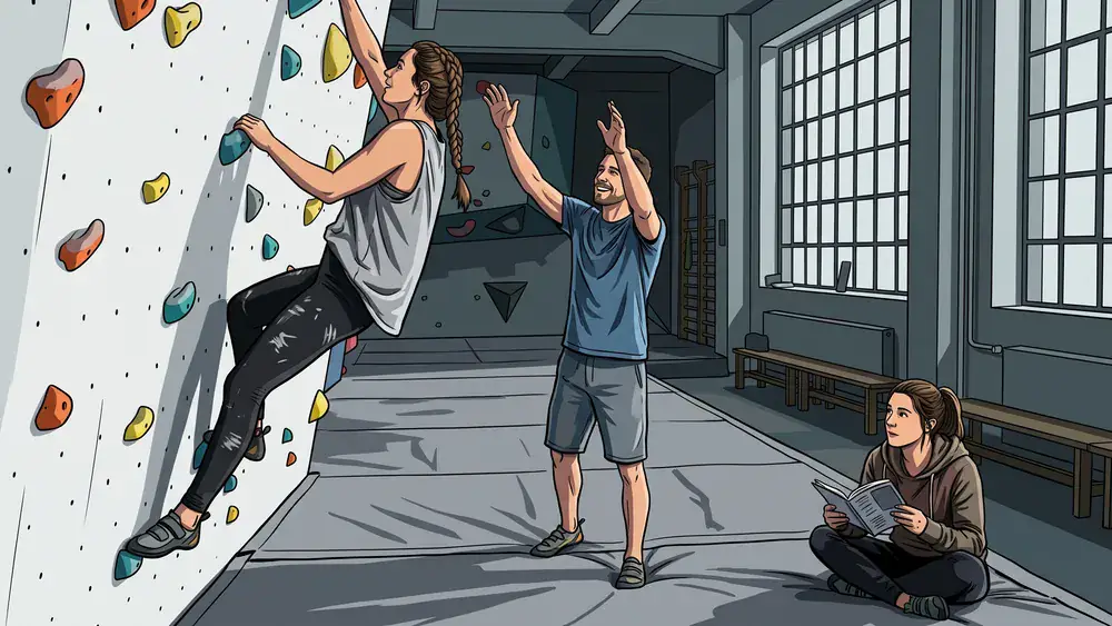 Boulderwelt Hamburg – Gruppe klettert und sichert an einer farbigen Indoor-Boulderwand