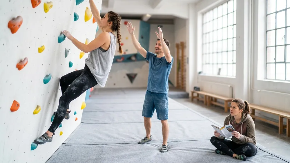Boulderwelt Hamburg – Gruppe klettert und sichert an einer farbigen Indoor-Boulderwand