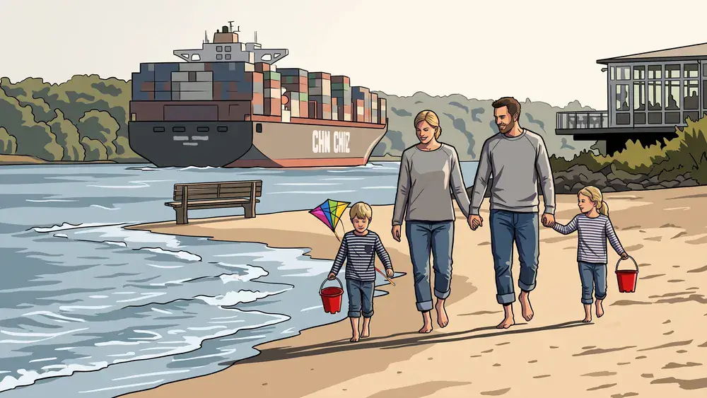 Elbstrand Övelgönne Hamburg – Familie spaziert am Sandstrand mit Containerschiff im Hintergrund