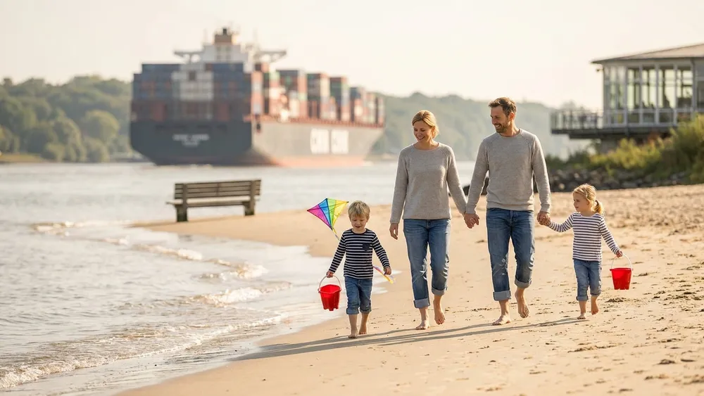 Elbstrand Övelgönne Hamburg – Familie spaziert am Sandstrand mit Containerschiff im Hintergrund