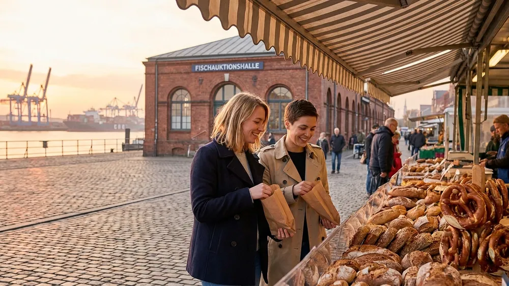 Hamburger Fischmarkt – Zwei Personen schlendern zwischen Marktständen mit Fischauktionshalle im Hintergrund