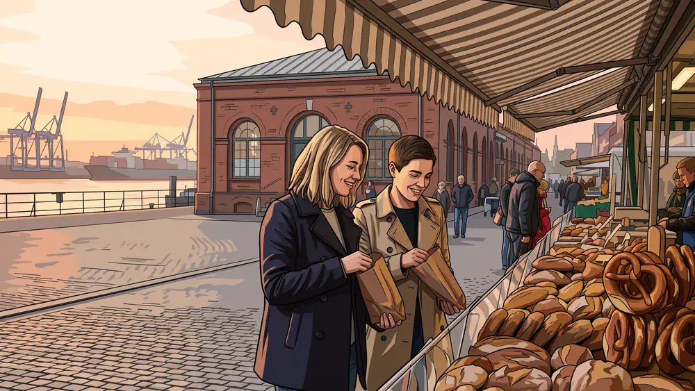 Hamburger Fischmarkt – Zwei Personen schlendern zwischen Marktständen mit Fischauktionshalle im Hintergrund