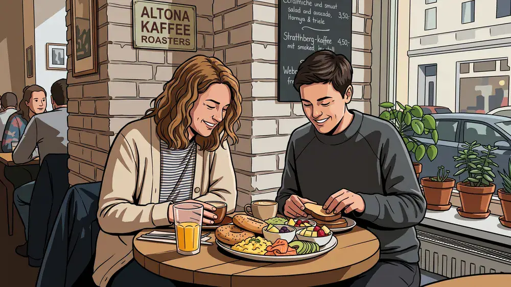Hadley's Brunch Hamburg am Schlump – Zwei Personen teilen sich einen Brunch-Teller mit Bagels und Lachs