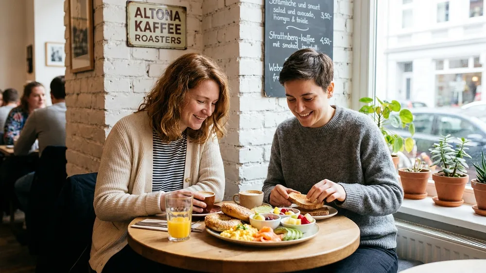 Hadley's Brunch Hamburg-Schanze – Zwei Personen teilen sich einen Brunch-Teller mit Bagels und Lachs