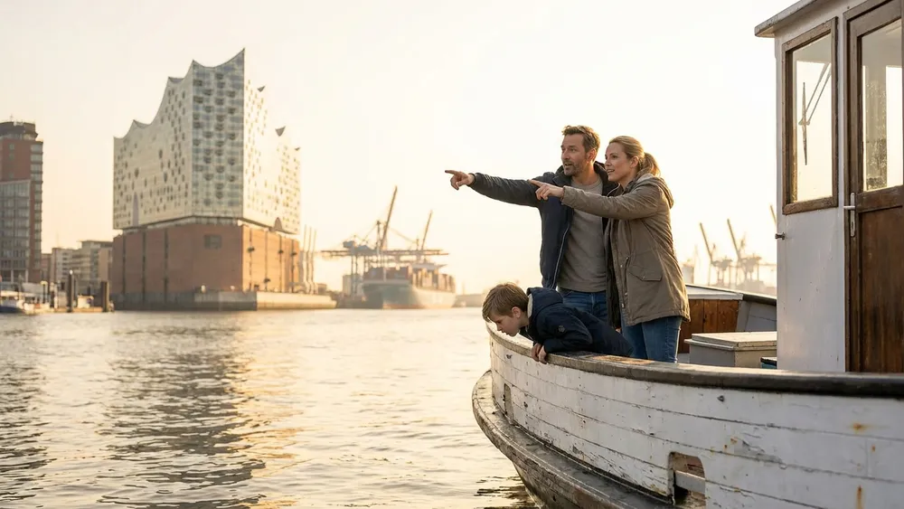 Hafenrundfahrt Hamburg – Familie auf einer Barkasse mit Elbphilharmonie im Hintergrund