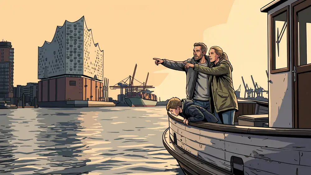 Hafenrundfahrt Hamburg – Familie auf einer Barkasse mit Elbphilharmonie im Hintergrund