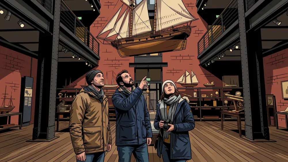 Internationales Maritimes Museum Hamburg – Gruppe betrachtet ein Segelschiff-Modell im Kaispeicher