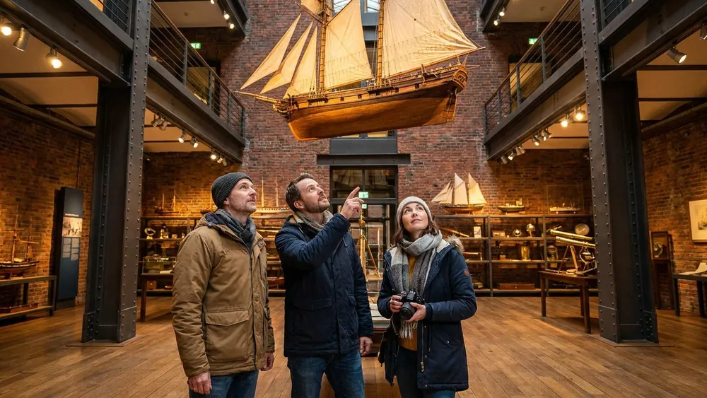 Internationales Maritimes Museum Hamburg – Gruppe betrachtet ein Segelschiff-Modell im Kaispeicher