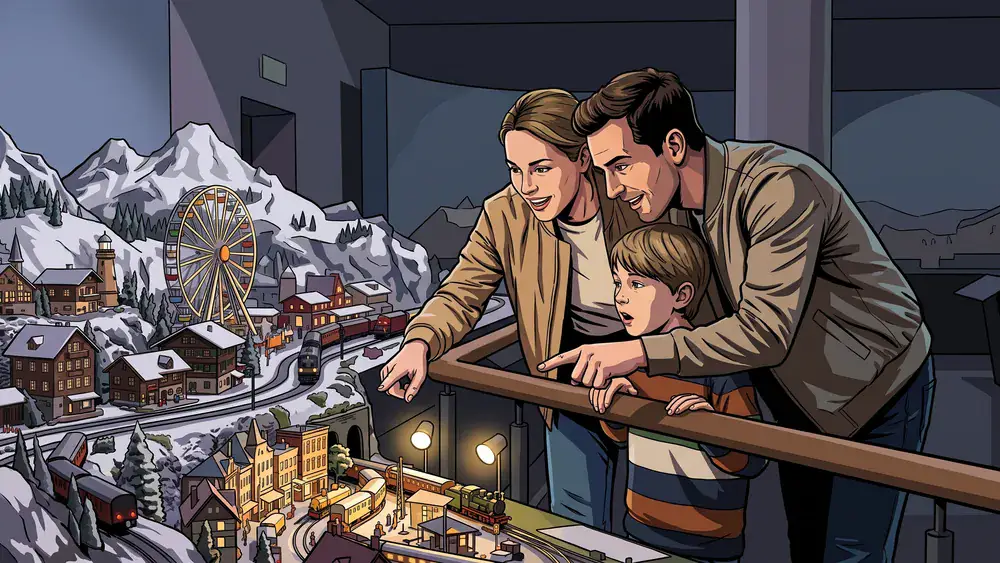 Miniatur Wunderland Hamburg – Familie betrachtet ein detailliertes Modelllandschafts-Diorama mit Mini-Zügen