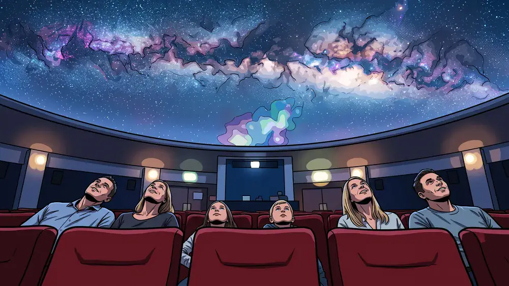 Planetarium Hamburg – Familie blickt in den Kuppelhimmel mit Sternenprojektion