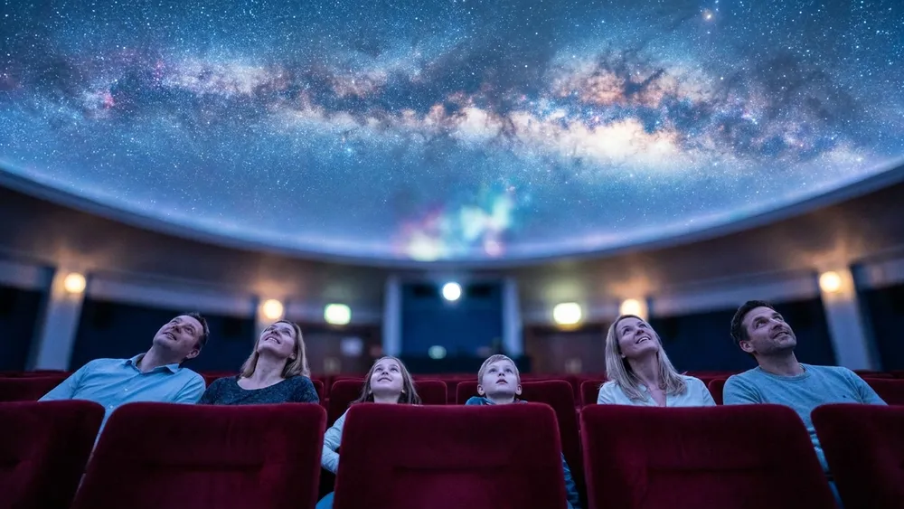 Planetarium Hamburg – Familie blickt in den Kuppelhimmel mit Sternenprojektion