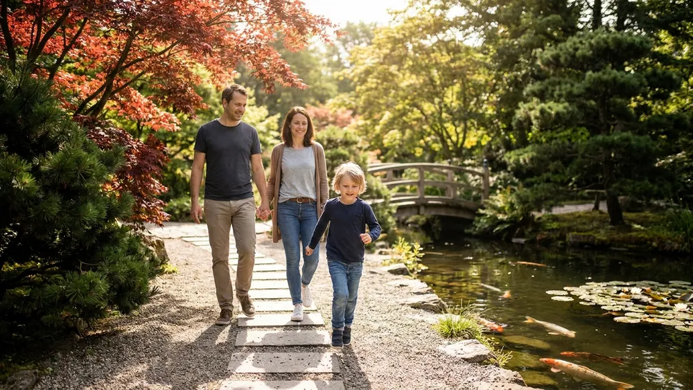 Planten un Blomen Hamburg – Familie spaziert durch den Japanischen Garten am Koi-Teich