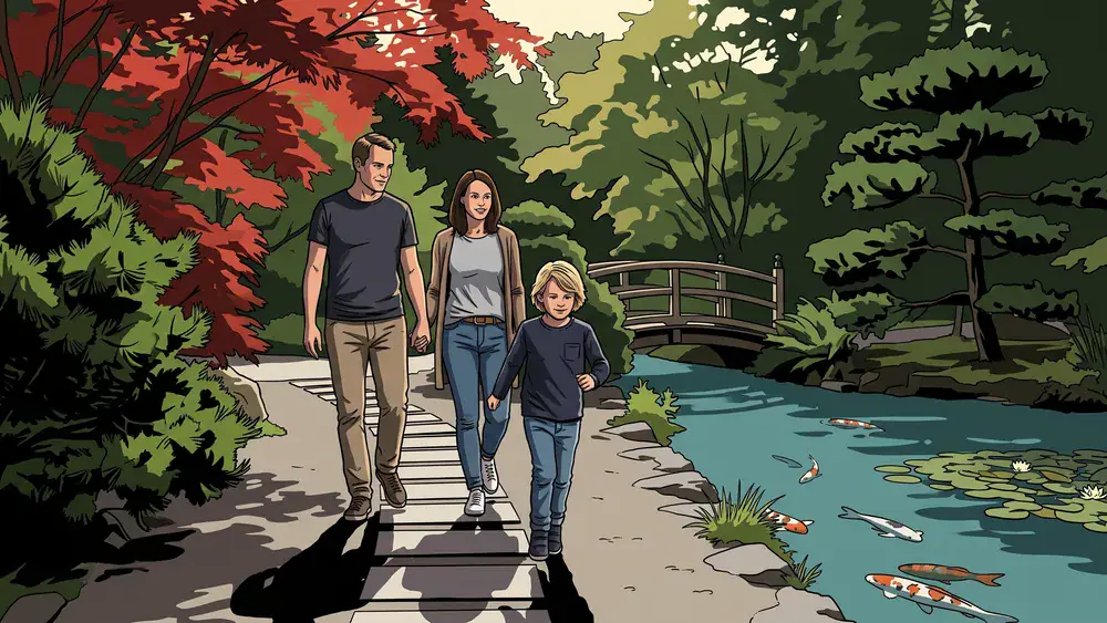 Planten un Blomen Hamburg – Familie spaziert durch den Japanischen Garten am Koi-Teich
