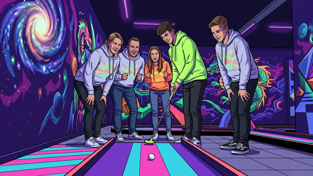 Schwarzlichtviertel Hamburg – Familie spielt UV-Minigolf vor leuchtenden 3D-Fantasy-Wandbildern