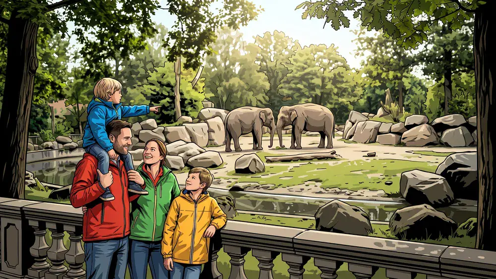 Tierpark Hagenbeck Hamburg – Familie beobachtet Elefanten im gitterlosen Gehege