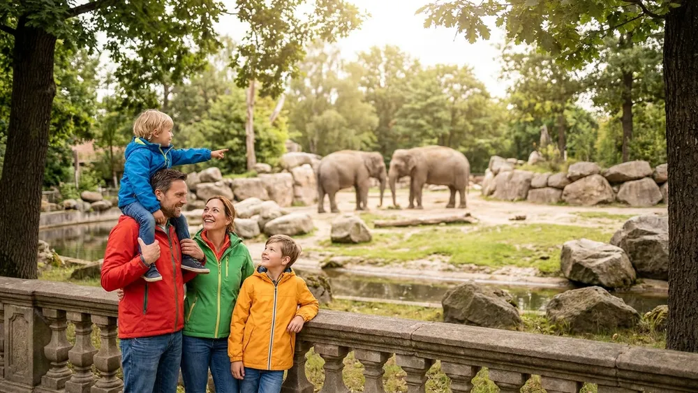 Tierpark Hagenbeck Hamburg – Familie beobachtet Elefanten im gitterlosen Gehege