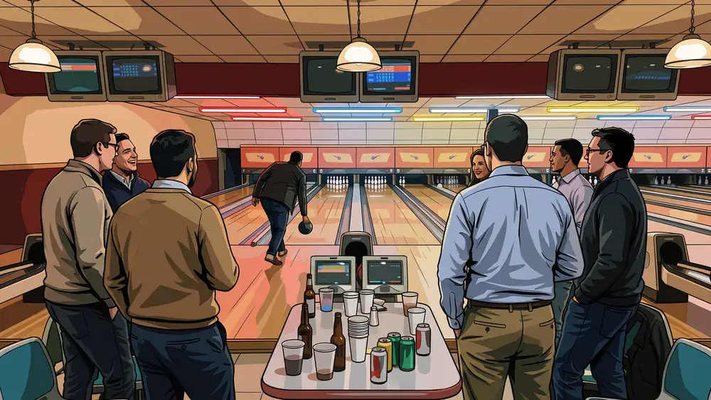 Bowling in Hamburg – Team jubelt an einer Bahn bei Gilde Bowling