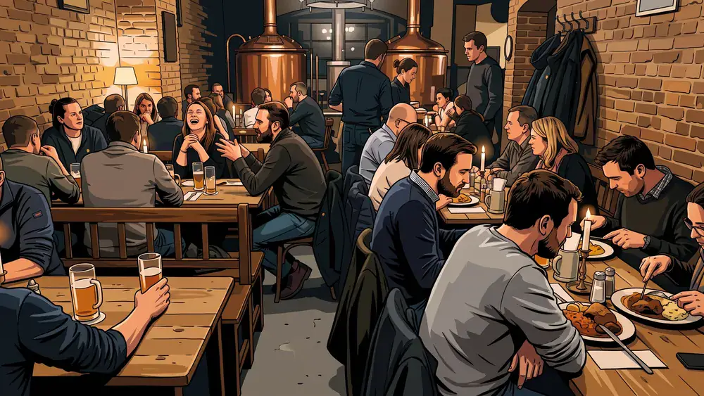 Brauhaus in Hamburg – Kollegen trinken hausgebrautes Bier an langen Tischen vor den Sudkesseln