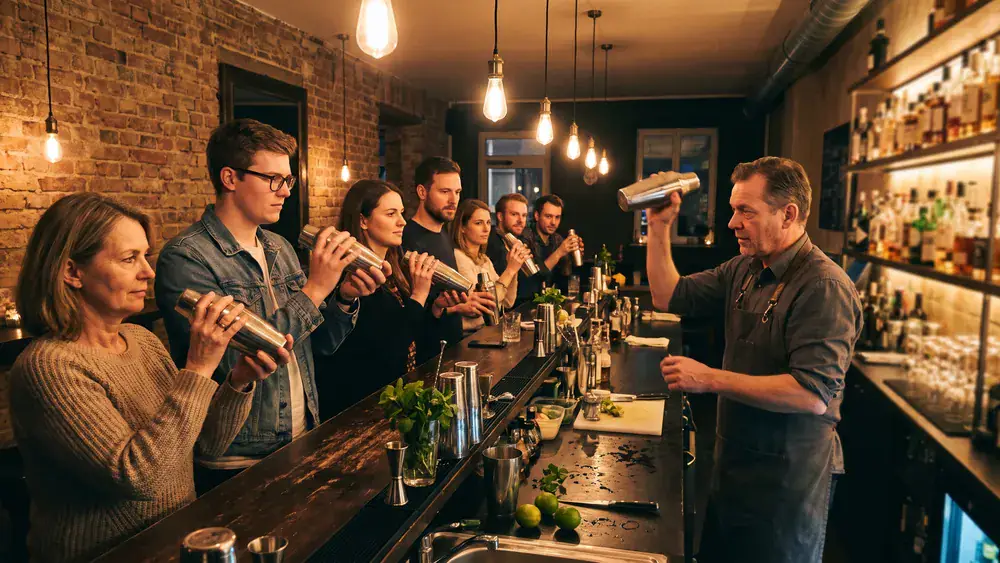 Cocktailkurs in Hamburg – Kollegen mixen Cocktails an einer beleuchteten Bar bei The Rabbithole auf St. Pauli