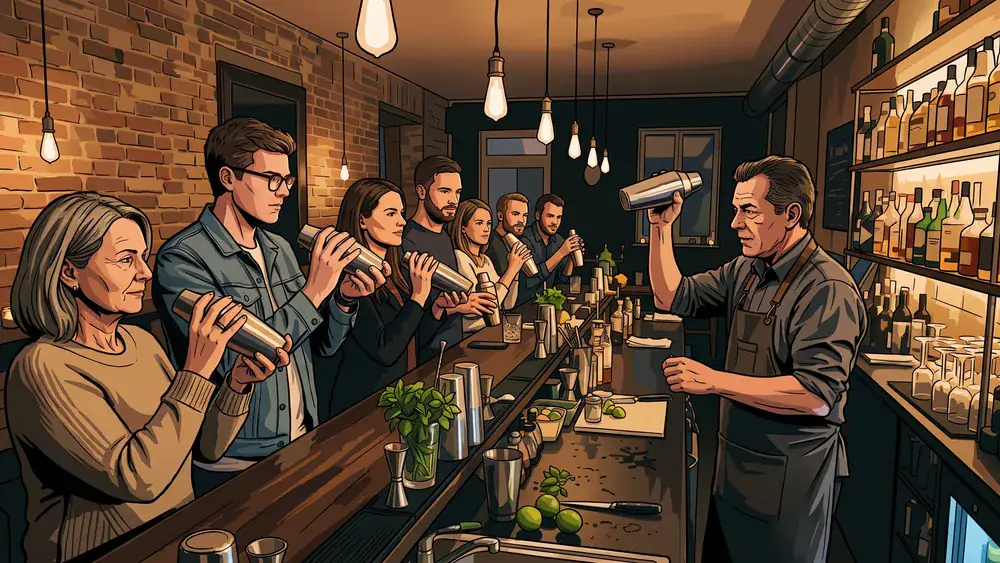 Cocktailkurs in Hamburg – Kollegen mixen Cocktails an einer beleuchteten Bar bei The Rabbithole