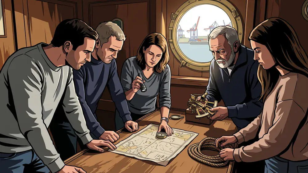 Escape Room in Hamburg – Kollegen rätseln an einem alten Schiffskartentisch in einer Kapitänskabine an Bord der Rickmer Rickmers