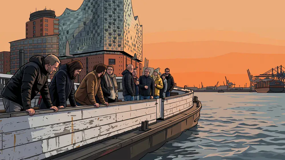 Hafenrundfahrt in Hamburg – Kollegen stehen an Deck einer Barkasse mit Elbphilharmonie im Hintergrund
