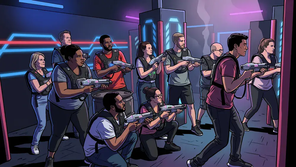 Lasertag in Hamburg – Kollegen mit Sensorwesten spielen in einer dunklen Neon-Arena