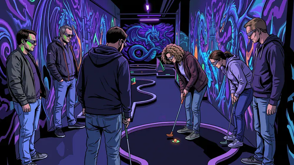Schwarzlicht-Minigolf in Hamburg – Kollegen spielen mit 3D-Brillen unter Neonlicht