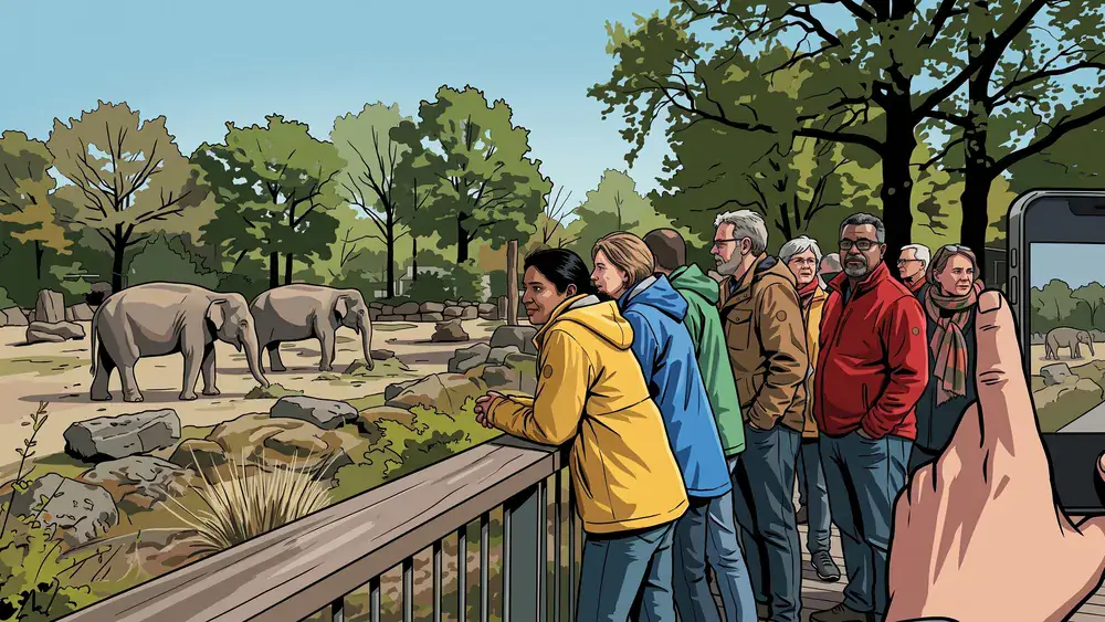 Tierpark Hagenbeck in Hamburg – Kollegen beobachten Elefanten im gitterlosen Gehege