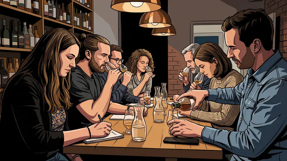 Whisky-Tasting in Hamburg – Kollegen verkosten an einem Holztisch mehrere Whiskys mit Anleitung