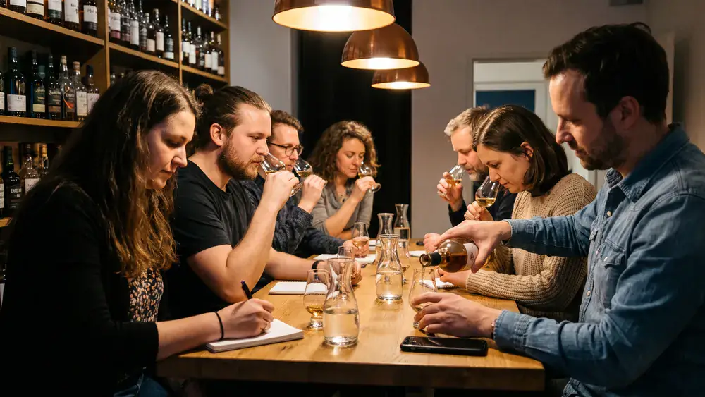 Whisky-Tasting in Hamburg – Kollegen verkosten an einem Holztisch mehrere Whiskys mit Anleitung in der Altstadt