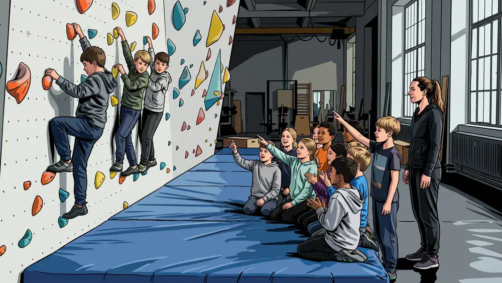 Boulderwelt Hamburg – Schulklasse klettert und sichert an einer farbigen Indoor-Boulderwand