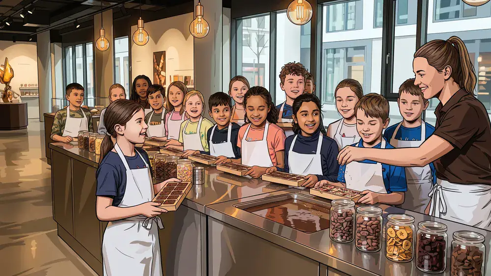 Chocoversum Hamburg – Schulklasse gestaltet eigene Schokoladentafeln am Temperier-Tisch