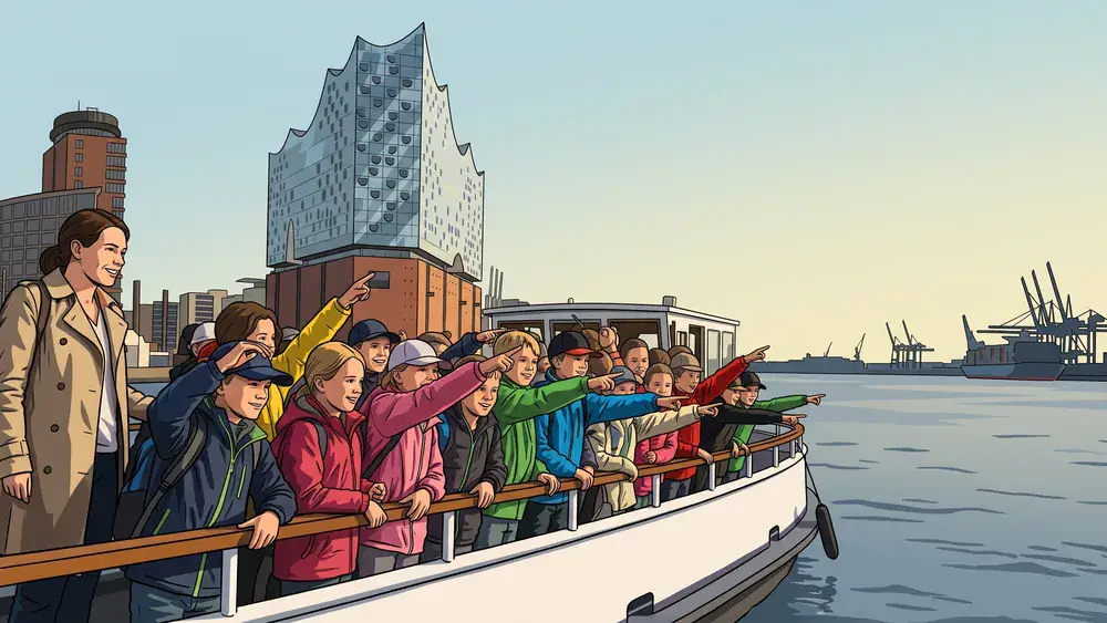 Hafenrundfahrt Hamburg – Schulklasse auf einer Barkasse mit Elbphilharmonie im Hintergrund