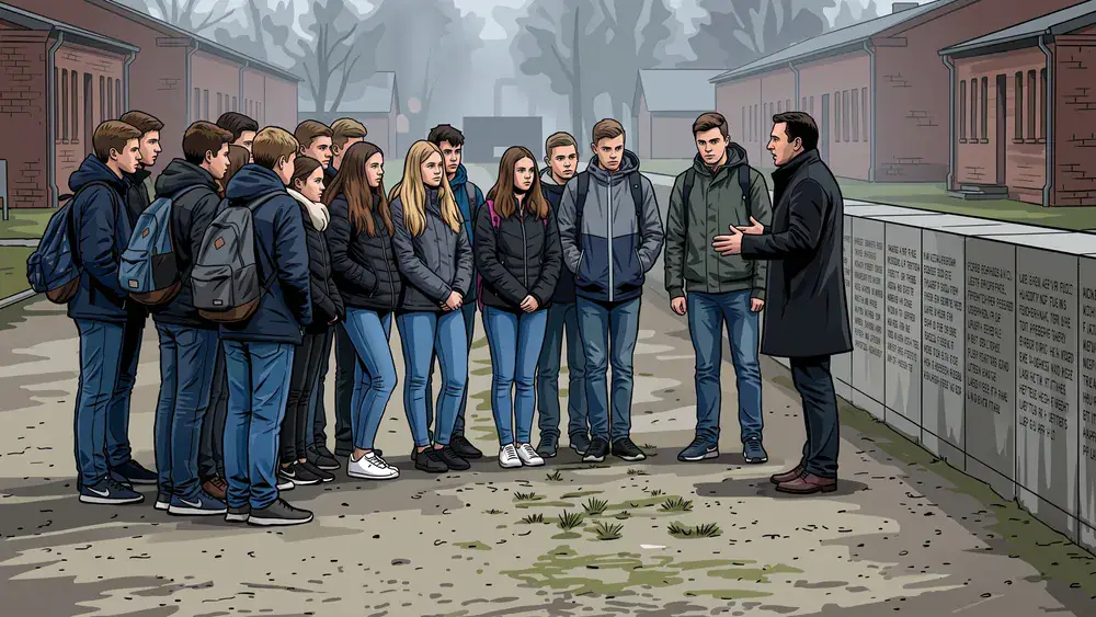 KZ-Gedenkstätte Neuengamme – Schulklasse hört einer Führung an einer Gedenkmauer zu