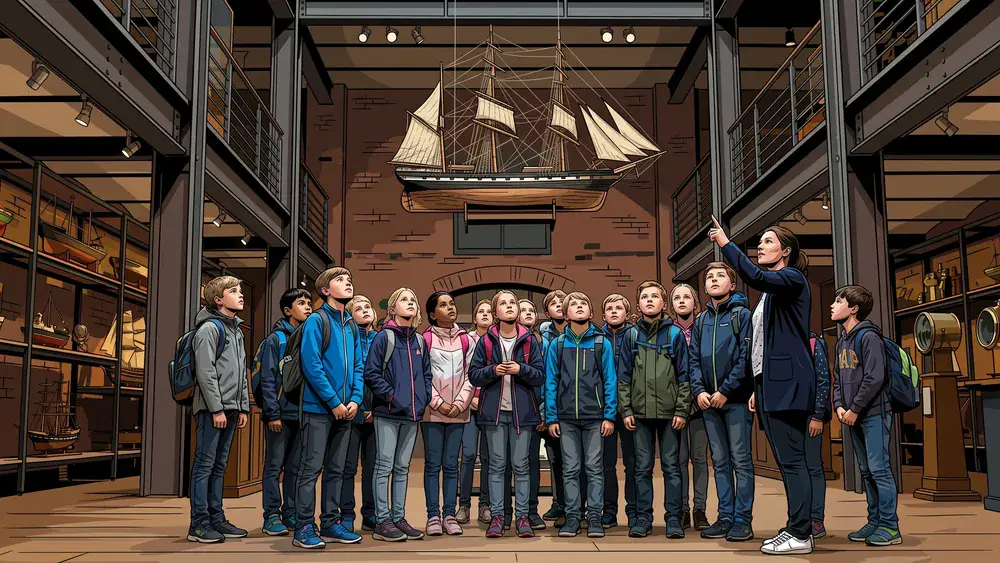 Internationales Maritimes Museum Hamburg – Schulklasse betrachtet ein Segelschiff-Modell im Kaispeicher