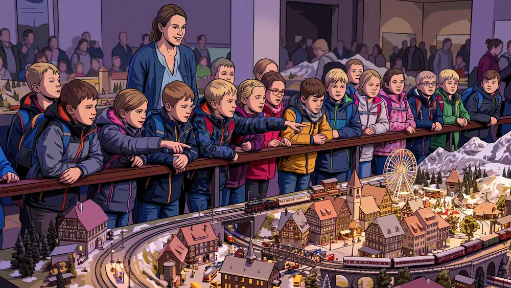 Miniatur Wunderland Hamburg – Schulklasse betrachtet ein detailliertes Modelllandschafts-Diorama mit Mini-Zügen