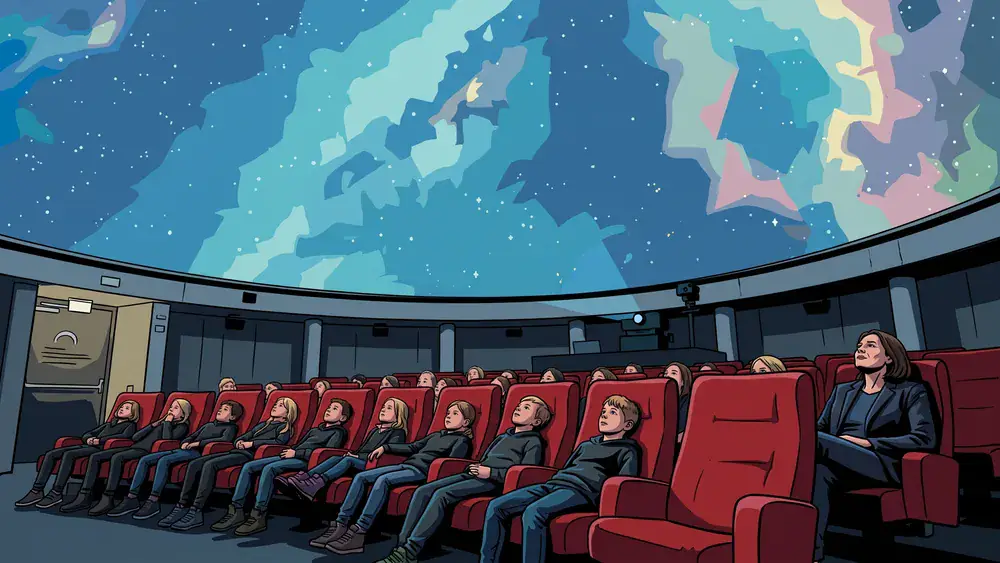 Planetarium Hamburg – Schulklasse blickt in den Kuppelhimmel mit Sternenprojektion