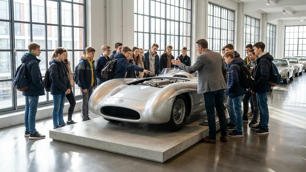 Automuseum Prototyp Hamburg – Schulklasse betrachtet einen historischen Rennwagen in der HafenCity