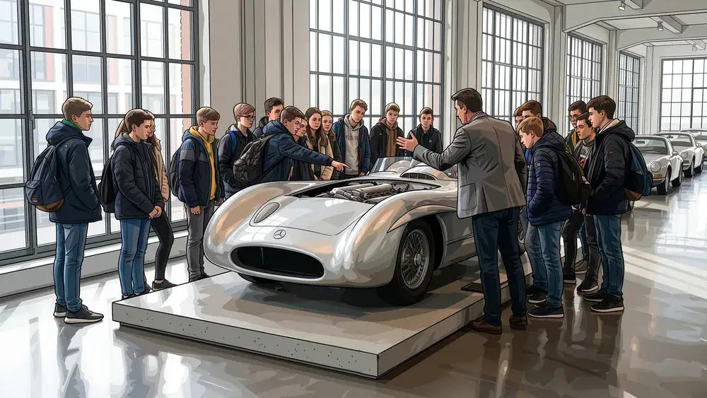 Automuseum Prototyp Hamburg – Schulklasse betrachtet einen historischen Rennwagen