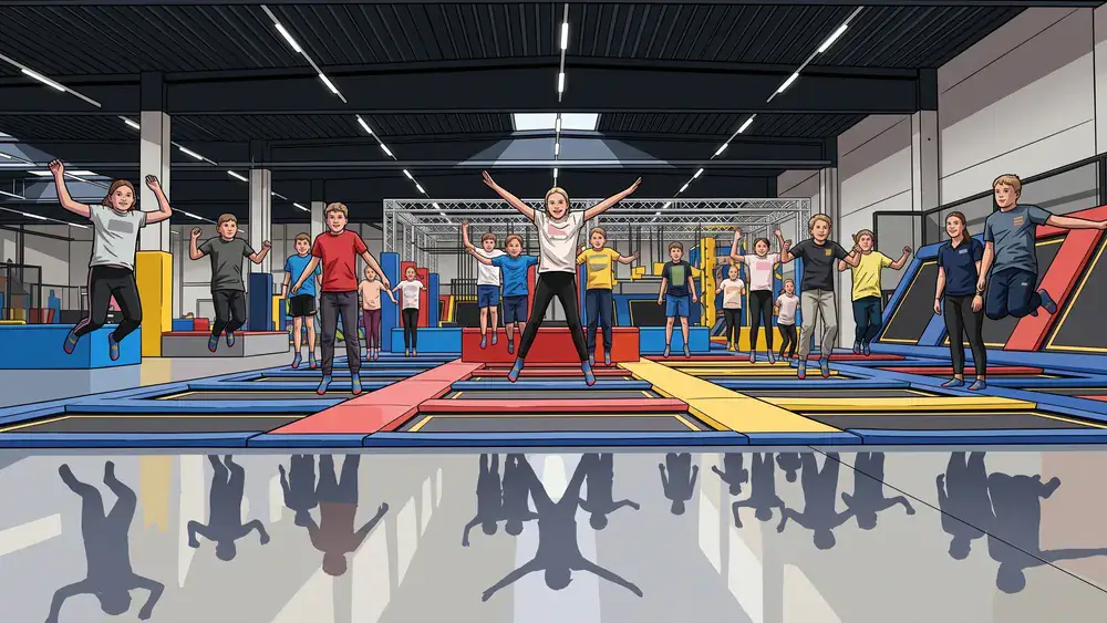 SPRUNG.RAUM Hamburg – Schulklasse springt gleichzeitig auf Trampolinen im großen Park