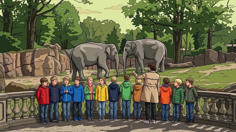 Tierpark Hagenbeck Hamburg – Schulklasse beobachtet Elefanten im gitterlosen Gehege
