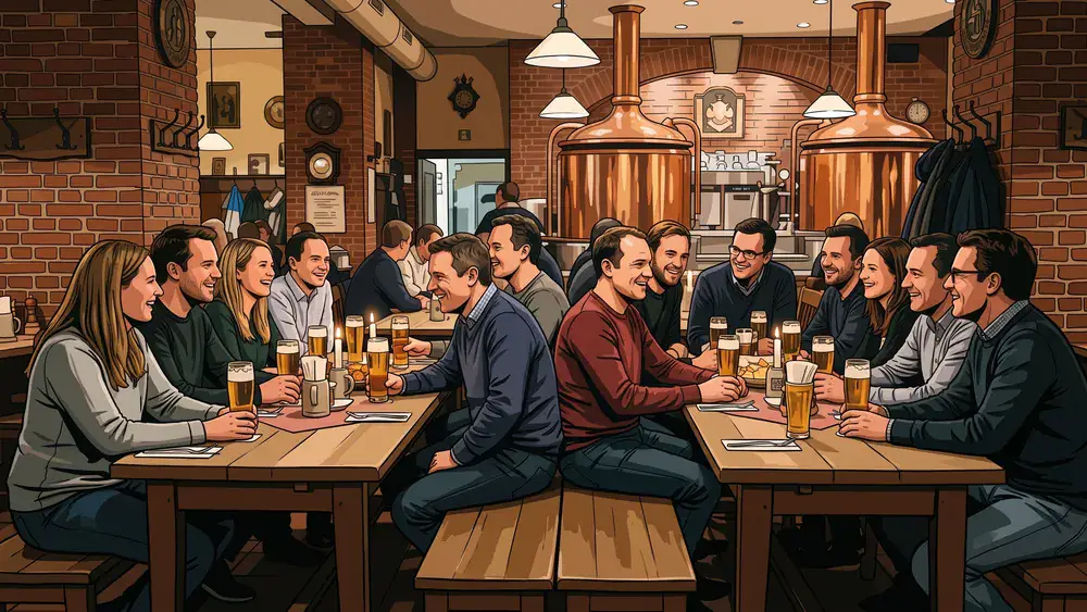 Brauhaus in Hamburg – Kollegen trinken hauseigenes Bier an langen Tischen vor den Sudkesseln auf der Adolphsbrücke