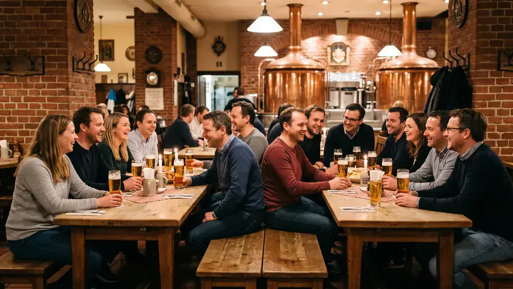 Brauhaus in Hamburg – Kollegen trinken hauseigenes Bier an langen Tischen vor den Sudkesseln auf der Adolphsbrücke