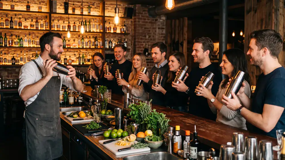 Cocktailkurs in Hamburg – Kollegen mixen Cocktails an einer beleuchteten Bar bei The Rabbithole auf St. Pauli