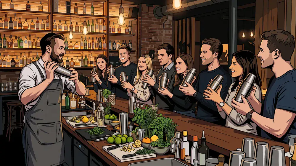 Cocktailkurs in Hamburg – Kollegen mixen Cocktails an einer beleuchteten Bar bei The Rabbithole