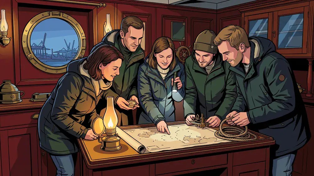 Hidden in Hamburg Escape Room – Kollegen rätseln an einem alten Schiffskartentisch in einer Kapitänskabine